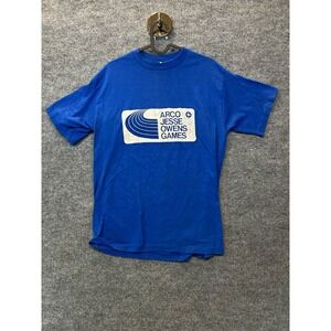VTG Tee Jays ARCO Jesse Owens Games T-Shirt Mens Blue Single Stitch USA Made - L